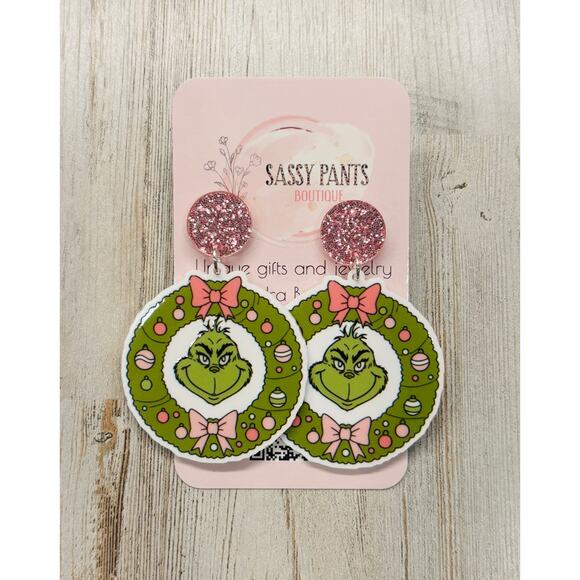Adorable Christmas Wreath Grinch Earrings NEW - Picture 1 of 1